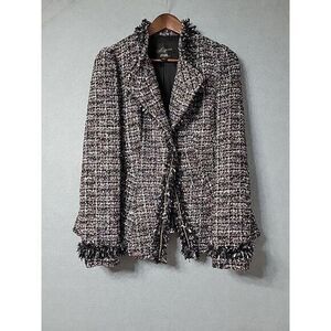 McGinn Women Jacket‎ Size 8 Black Confetti Tweed Peplum Chain Fringe